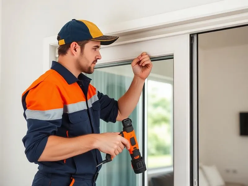 Professional technician repairing sliding door